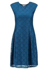 Spitzenkleid in Teal mit Rundhalsausschnitt, kurzen Ärmeln und ausgestelltem Rock, das ein gewelltes Muster und strukturierte Stoffe aufweist.