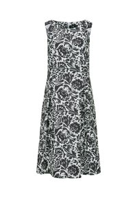 Mouwloze A-lijn jurk met zwart-wit bloemenpatroon, ronde halslijn en ritssluiting aan de achterkant, getoond op een witte achtergrond.