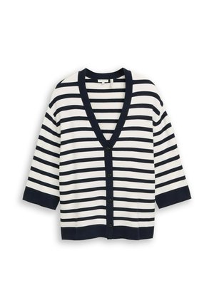 White cardigan with navy horizontal stripes, navy button placket, cuffs, and hem, featuring a V-neck and four front buttons.
