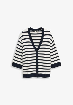 Cardigan blanc avec rayures horizontales bleu marine, patte de boutonnage, poignets et ourlet bleu marine, doté d'un col en V et de quatre boutons sur le devant.