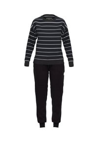 Schwarz gestreifte Langarmbluse mit grauen Streifen, kombiniert mit schwarzen strukturierten Jogginghosen. Mit gerippten Bündchen und elastischem Taillenbund.