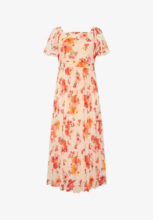 Florales Midikleid mit Puffärmeln, quadratischem Ausschnitt, hellem Cremegrund und durchgehendem Blumenmuster in Rot, Orange und Pink.