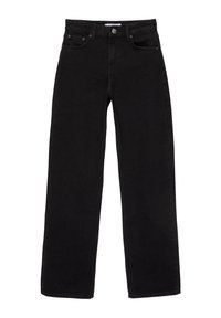 Jeans rectos negros de mezclilla, con un diseño clásico de cinco bolsillos, herrajes de cobre y un cierre de botón en la cintura.
