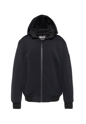 Giacca nera con zip e cappuccio, polsini e orlo a costine, tasche frontali e etichetta del marchio visibile all'interno del colletto.