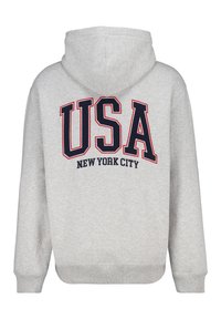Gray hoodie with a front kangaroo pocket, featuring large "USA" and "NEW YORK CITY" text in navy and red on the back. Cotton blend material.
