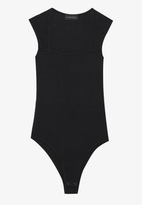 Must have ribidega mustriga must bodysuit avara kaelusega ja lühikeste varrukatega. Sisaldab alumisi snap-kinni. Sile tekstuur, sobiv disain.