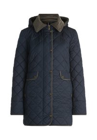 Quilted marineblå jakke med en grå kordfløjlskrave, hætte og to forlommer, med knaplukninger og kontrasterende kant.