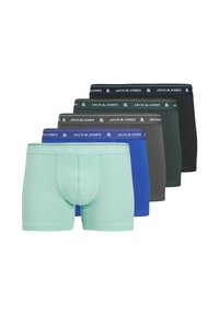 Cinq paires de boxers Jack & Jones dans différentes couleurs : vert clair, bleu, gris foncé, noir et vert foncé. Chacune est dotée d'une ceinture à motif.