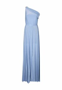 Jednoduché jednoramenné dlouhé šaty světle modré barvy, vyrobené z lesklé, strukturované tkaniny. Obsahují zřasený pas a splývavou sukni. Elegantní drapérie a silueta.