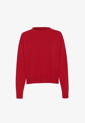 Red knitted sweater with a round neckline, drop shoulders, and ribbed cuffs and hem. The texture is smooth with a medium thickness.