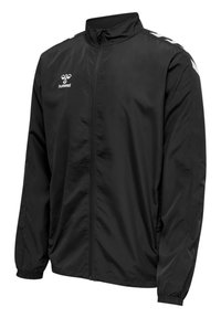 Black windbreaker jacket with a full zipper, high collar, elastic cuffs, and white logo. Features silver diagonal stripes on shoulders.
