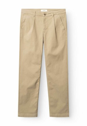 Beige bukser med lige ben, sidelommer, front-ploer, knap- og lynlåslukning samt bæltestropper, vist på hvid baggrund.