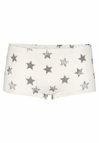 Shorts de algodón en blanco con patrones de estrellas grises. Presenta una tela suave, cinturilla elástica y un ajuste ceñido.