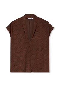 Top corto marrone a maniche corte con scollatura a V e motivo geometrico con accenti testurizzati, realizzato in tessuto leggero.