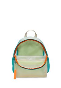 Kevyt, turkoosi verkkoreppu oransseilla yksityiskohdilla, vetoketjullinen tasku ja ylhäällä oleva kantokahva. Sisältää vihreän sisäpuolen ja läpinäkyvän etutaskun.