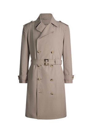 Trench beige doppiopetto con spalline, cintura in vita con fibbia, polsini con bottoni e colletto classico.