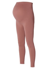 Zwangerschapsleggings in een gedempt rozenkleur, met een geribbelde textuur, een hoge tailleband en een aansluitend ontwerp dat ruimte biedt voor een groeiende buik.