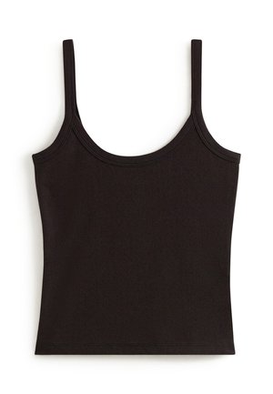 Débardeur noir à fines bretelles, fabriqué en tissu lisse et extensible. Il présente un col rond et un design ajusté sans embellissements.