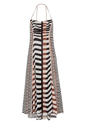 Maxi haljina bez rukava s tankim naramenicama i geometrijskim crno-bijelo-smeđim cik-cak i prugastim uzorcima.