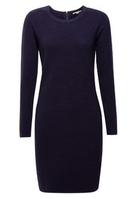 Marinblå, ribbad stickad klänning med lång ärm, knälängd, rundad halsringning och dragkedja i ryggen.