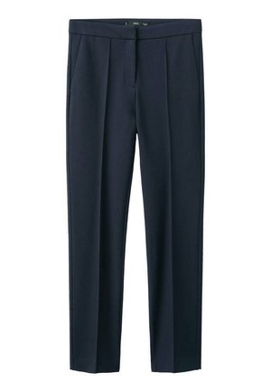 Pantalones azul marino hechos de tela tejida, con diseño de pierna recta, pinzas frontales y bolsillos laterales. Textura lisa con un acabado pulido.