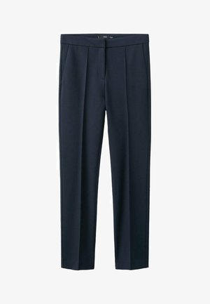 Pantaloni blu navy realizzati in tessuto intrecciato, caratterizzati da un design a gamba dritta, pinces anteriori e tasche laterali. Tessuto liscio con finitura lucida.