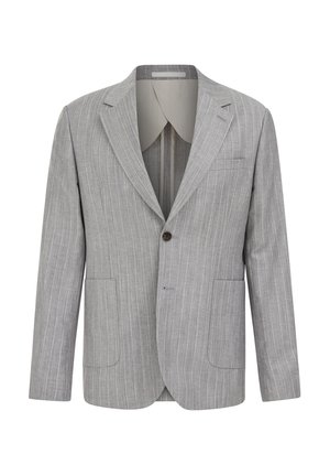 Blazer gris clair à fines rayures, avec revers crantés, fermeture à un bouton et poches plaquées, présenté sur fond blanc.