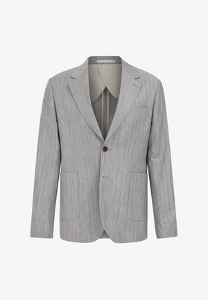 Blazer grigio chiaro a righe sottili, con rever a lancia, chiusura con un solo bottone e tasche a toppa, mostrato su sfondo bianco.