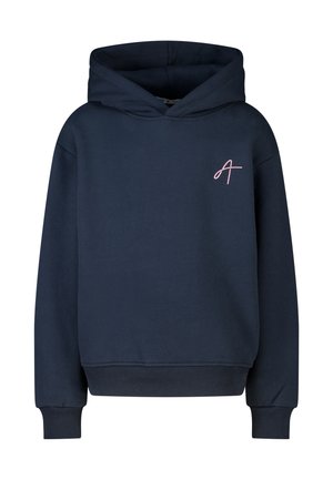 Marineblauwe hoodie met lange mouwen, geribde manchetten en zoom, en een kleine roze gestileerde letter "A" op de linkerborst.