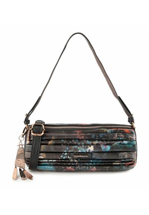 Schwarze Lederhandtasche mit buntem Spritzdesign. Verfügt über einen Reißverschluss, einen abnehmbaren Schulterriemen und metallische Akzente.