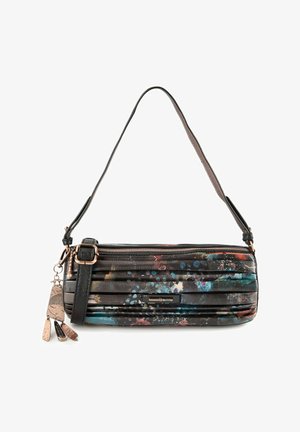 Schwarze Lederhandtasche mit buntem Spritzdesign. Verfügt über einen Reißverschluss, einen abnehmbaren Schulterriemen und metallische Akzente.