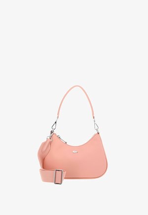 Hellrosa, halbmondförmige Handtasche mit silbernem Reißverschluss, abnehmbarem, verstellbarem Riemen und kleinem silbernem Krokodil-Logo vorne.