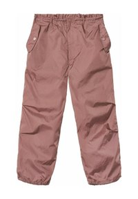 Lichte, roze-bruin waterdichte broek met een elastische tailleband, zijzakken en elastische manchetten; gestructureerd oppervlak met subtiel patroon.