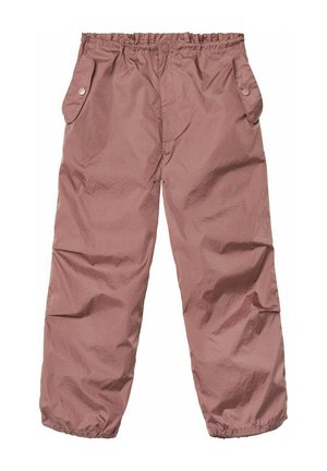 Lätta, rosa-bruna vattentäta byxor med elastisk midja, sidofickor och elastiska muddar; texturerad yta med subtilt mönster.