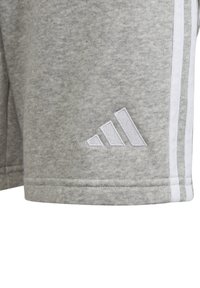 Pantalones cortos de algodón gris con acentos de rayas blancas y un logo bordado en blanco. Textura suave con costuras detalladas. Corte relajado.