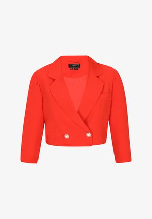 Giacca cropped rossa con colletto a punte, frontale doppiopetto e bottoni decorativi in perle. Realizzata in tessuto liscio con spalle strutturate.