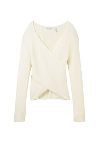 Långärmad omslagstopp i cream, med ribbat mönster, djup V-ringning och asymmetrisk nederkant med en åtsittande passform.
