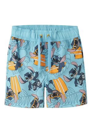 Shorts de bain bleu clair avec taille élastique et cordon de serrage, ornés de plusieurs personnages espiègles de Stitch et de planches de surf orange.