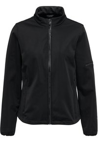 Zwarte softshell jas met een hoge kraag, volledige rits aan de voorkant, elastische manchetten en een ritsvak op de borst. Glad textuur, lichtgewicht ontwerp.