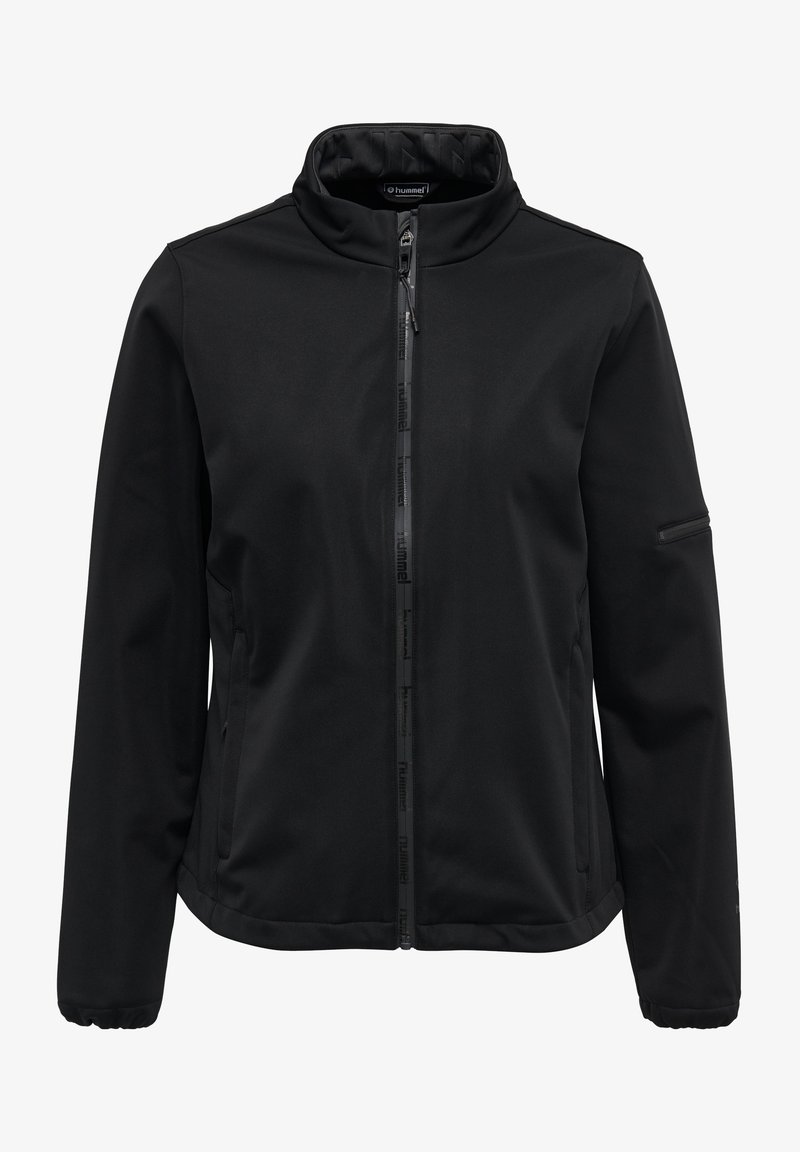 Black softshell jacket with a high collar, full front zip, elastic cuffs, and a zippered chest pocket. Smooth texture, lightweight design.