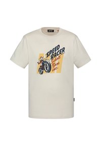 Cremefarbenes T-Shirt mit einem Vintage-Style Grafik eines Motorradfahrers. Der Text "SPEED RACER Schott Bros inc." ist auffällig angebracht.