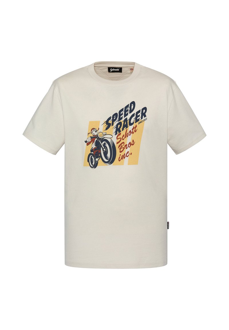 Cremefarbenes T-Shirt mit einem Vintage-Style Grafik eines Motorradfahrers. Der Text "SPEED RACER Schott Bros inc." ist auffällig angebracht.