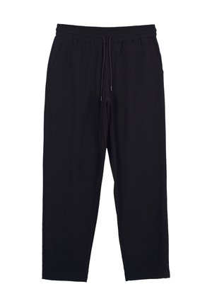 Pantaloni casual neri con vita elastica, coulisse e tasche laterali, distesi su sfondo bianco.