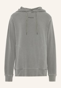 Grå hoodie i mjukt material, med känguruficka, dragsko i huvan och tryckt logotyp på bröstet. Slät textur och avslappnad passform.