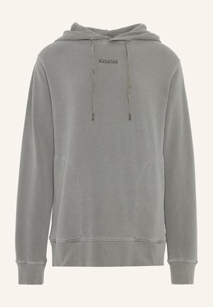 Grau sweatshirt aus weichem Stoff, mit Kängurutasche, Kapuze mit Kordelzug und bedrucktem Logo auf der Brust. Glatte Textur und lässige Passform.