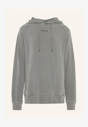 Grau sweatshirt aus weichem Stoff, mit Kängurutasche, Kapuze mit Kordelzug und bedrucktem Logo auf der Brust. Glatte Textur und lässige Passform.