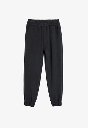 Donkergrijze joggerbroeken van zacht materiaal, met een elastische tailleband, zijzakken en elastische boorden bij de enkels.