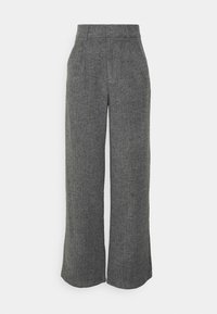 Kalhoty s širokými nohavicemi v houndstooth vzoru, vyrobené ze šedé strukturované látky. Mají vysoký pas a přední sklady pro elegantní vzhled.