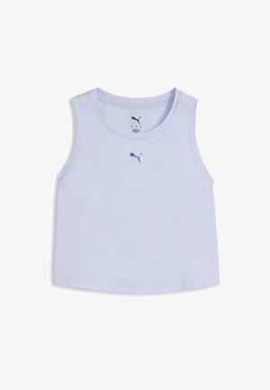 Heledasinine ilma varrukat tank top, mis on valmistatud pehmest puuvillast, ümmarguse kaelusega ja esiküljel väike tume logo.