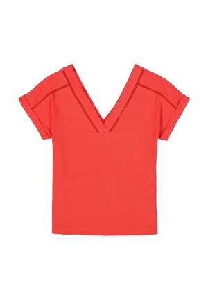 Red v-neck t-shirt with short rolled sleeves, made from soft fabric. Features stitching accents along the neckline and shoulders.